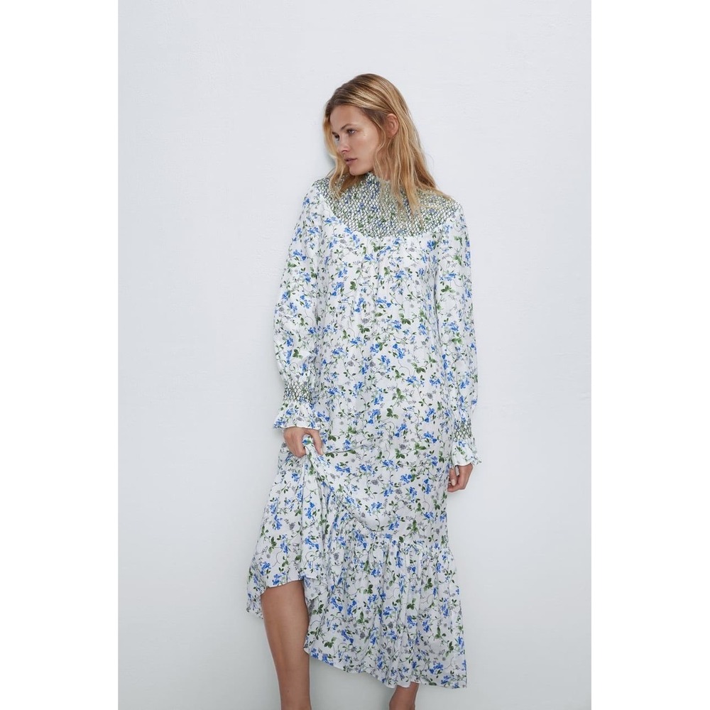 Zara Floral Smocked Midi Dress Blue White Cottagecore High Neck Long Sleeve